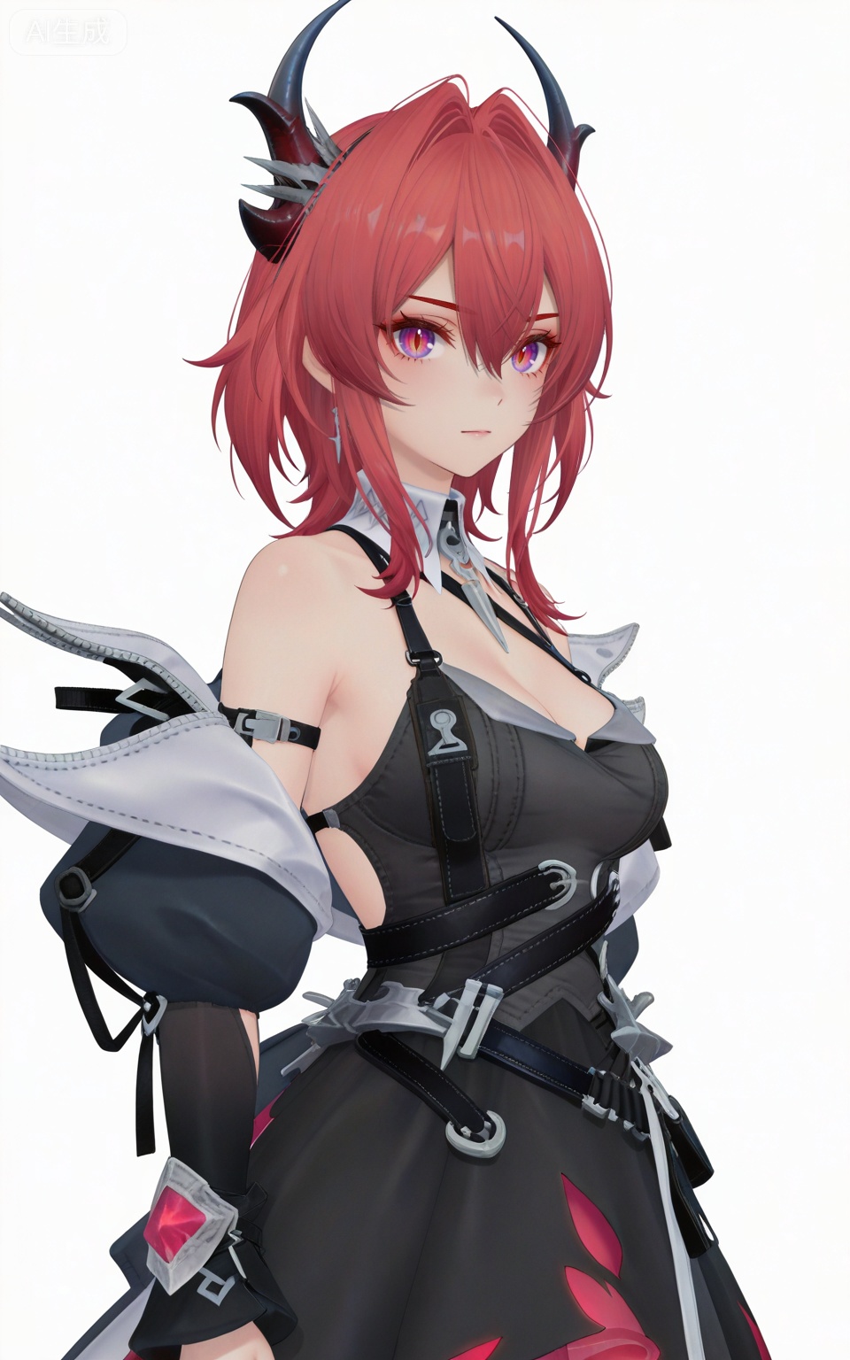 depth of field,masterpiece,best quality,very aesthetic,alternate costume,alternate costume,2024,2023,perfect composition,ultra-detailed,extreme aesthetic,masterpiece,best quality,good quality,newest,year 2024,year 2023,very aesthetic,absurdres,looking_at_viewer,colorful,,red hair,long hair,demon horns,purple eyes,red eyes,slit pupils,hair between eyes,hair intakes,laiwanting chest strap,laiwanting detached collar,laiwanting balck and red dress,laiwanting detached sleeves,laiwanting puffy sleeves,laiwanting off shoulder dress,1girl,solo,looking at viewer,breasts,bare shoulders,white background,simple background,cleavage,medium breasts,open clothes,cowboy_shot,