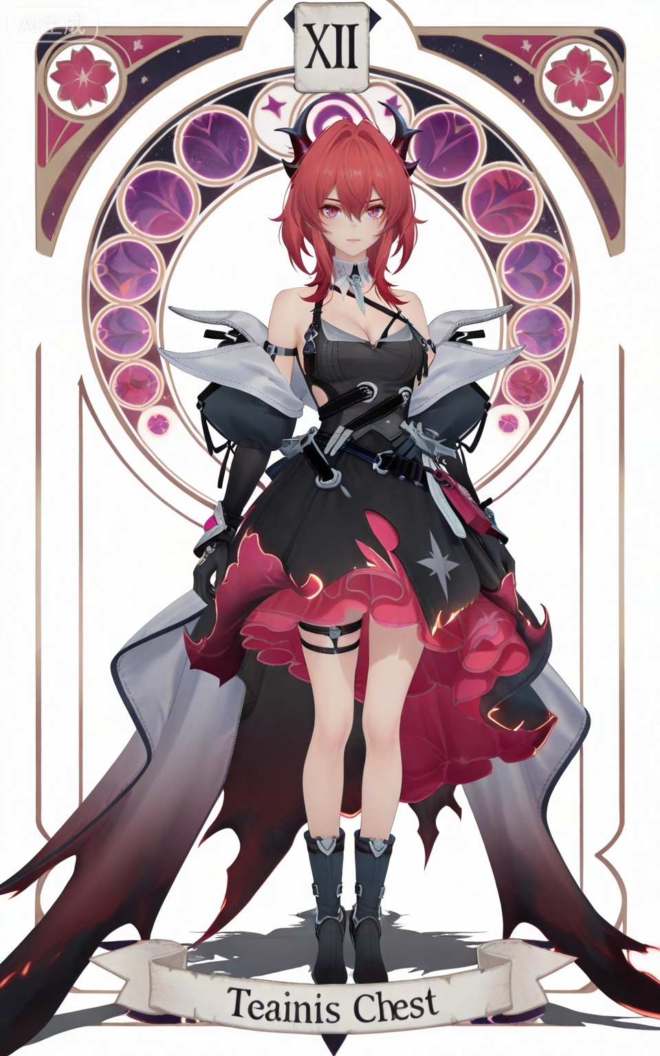 depth of field,masterpiece,best quality,very aesthetic,alternate costume,alternate costume,2024,2023,perfect composition,ultra-detailed,extreme aesthetic,masterpiece,best quality,good quality,newest,year 2024,year 2023,very aesthetic,absurdres,looking_at_viewer,colorful,,red hair,long hair,demon horns,purple eyes,red eyes,slit pupils,hair between eyes,hair intakes,laiwanting chest strap,laiwanting detached collar,laiwanting balck and red dress,laiwanting detached sleeves,laiwanting puffy sleeves,laiwanting high heel boots,laiwanting elbow gloves,laiwanting single glove,laiwanting thigh strap,laiwanting off shoulder dress,1girl,solo,full body,breasts,looking at viewer,bare shoulders,white background,cleavage,simple background,standing,closed mouth,medium breasts,
art nouveau,traditional media,flower,xiamu,(tarot (medium):1.2),day,shadow,