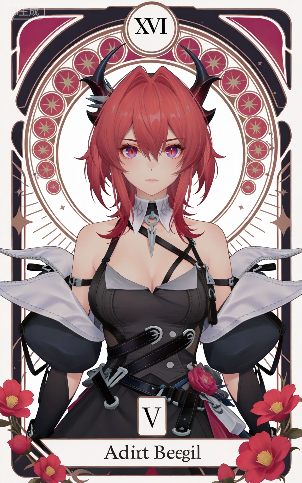 depth of field,masterpiece,best quality,very aesthetic,alternate costume,alternate costume,2024,2023,perfect composition,ultra-detailed,extreme aesthetic,masterpiece,best quality,good quality,newest,year 2024,year 2023,very aesthetic,absurdres,looking_at_viewer,colorful,,red hair,long hair,demon horns,purple eyes,red eyes,slit pupils,hair between eyes,hair intakes,laiwanting chest strap,laiwanting detached collar,laiwanting balck and red dress,laiwanting detached sleeves,laiwanting puffy sleeves,laiwanting off shoulder dress,1girl,solo,looking at viewer,breasts,bare shoulders,white background,simple background,cleavage,medium breasts,open clothes,cowboy_shot,
art nouveau,traditional media,flower,xiamu,(tarot (medium):1.2),day,shadow,