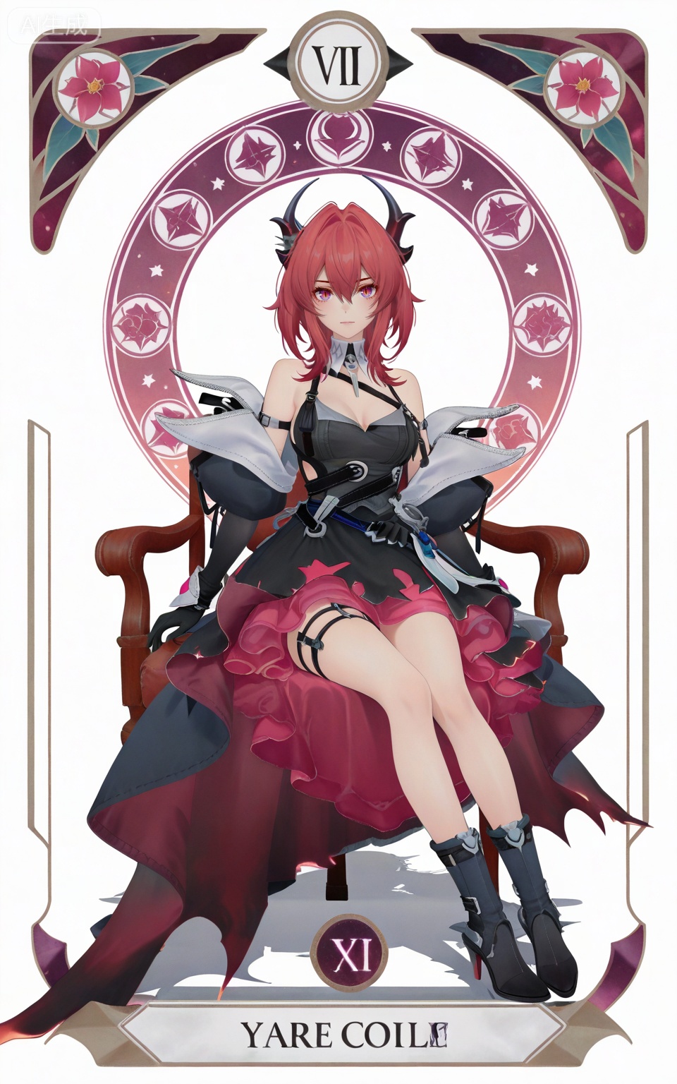 depth of field,masterpiece,best quality,very aesthetic,alternate costume,alternate costume,2024,2023,perfect composition,ultra-detailed,extreme aesthetic,masterpiece,best quality,good quality,newest,year 2024,year 2023,very aesthetic,absurdres,looking_at_viewer,colorful,,red hair,long hair,demon horns,purple eyes,red eyes,slit pupils,hair between eyes,hair intakes,laiwanting chest strap,laiwanting detached collar,laiwanting balck and red dress,laiwanting detached sleeves,laiwanting puffy sleeves,laiwanting high heel boots,laiwanting elbow gloves,laiwanting single glove,laiwanting thigh strap,laiwanting off shoulder dress,1girl,solo,full body,breasts,looking at viewer,bare shoulders,white background,cleavage,simple background,closed mouth,medium breasts,sitting,chair,
art nouveau,traditional media,flower,xiamu,(tarot (medium):1.2),day,shadow,