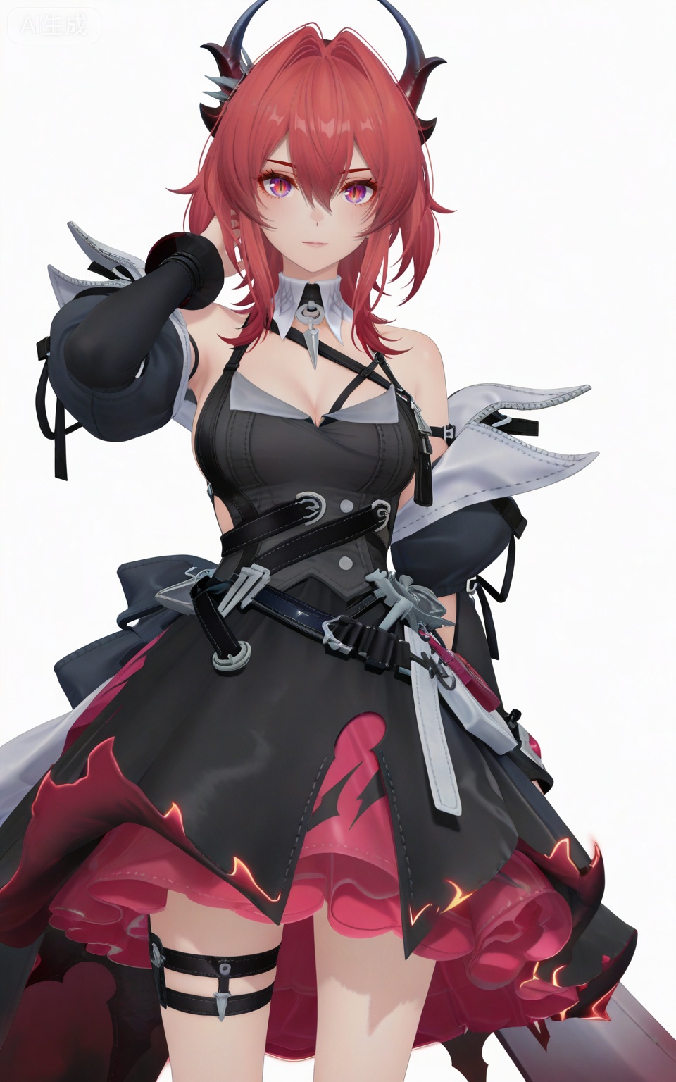 depth of field,masterpiece,best quality,very aesthetic,alternate costume,alternate costume,2024,2023,perfect composition,ultra-detailed,extreme aesthetic,masterpiece,best quality,good quality,newest,year 2024,year 2023,very aesthetic,absurdres,looking_at_viewer,colorful,,red hair,long hair,demon horns,purple eyes,red eyes,slit pupils,hair between eyes,hair intakes,laiwanting chest strap,laiwanting detached collar,laiwanting balck and red dress,laiwanting detached sleeves,laiwanting puffy sleeves,laiwanting off shoulder dress,1girl,solo,looking at viewer,breasts,bare shoulders,white background,simple background,cleavage,medium breasts,open clothes,cowboy_shot,