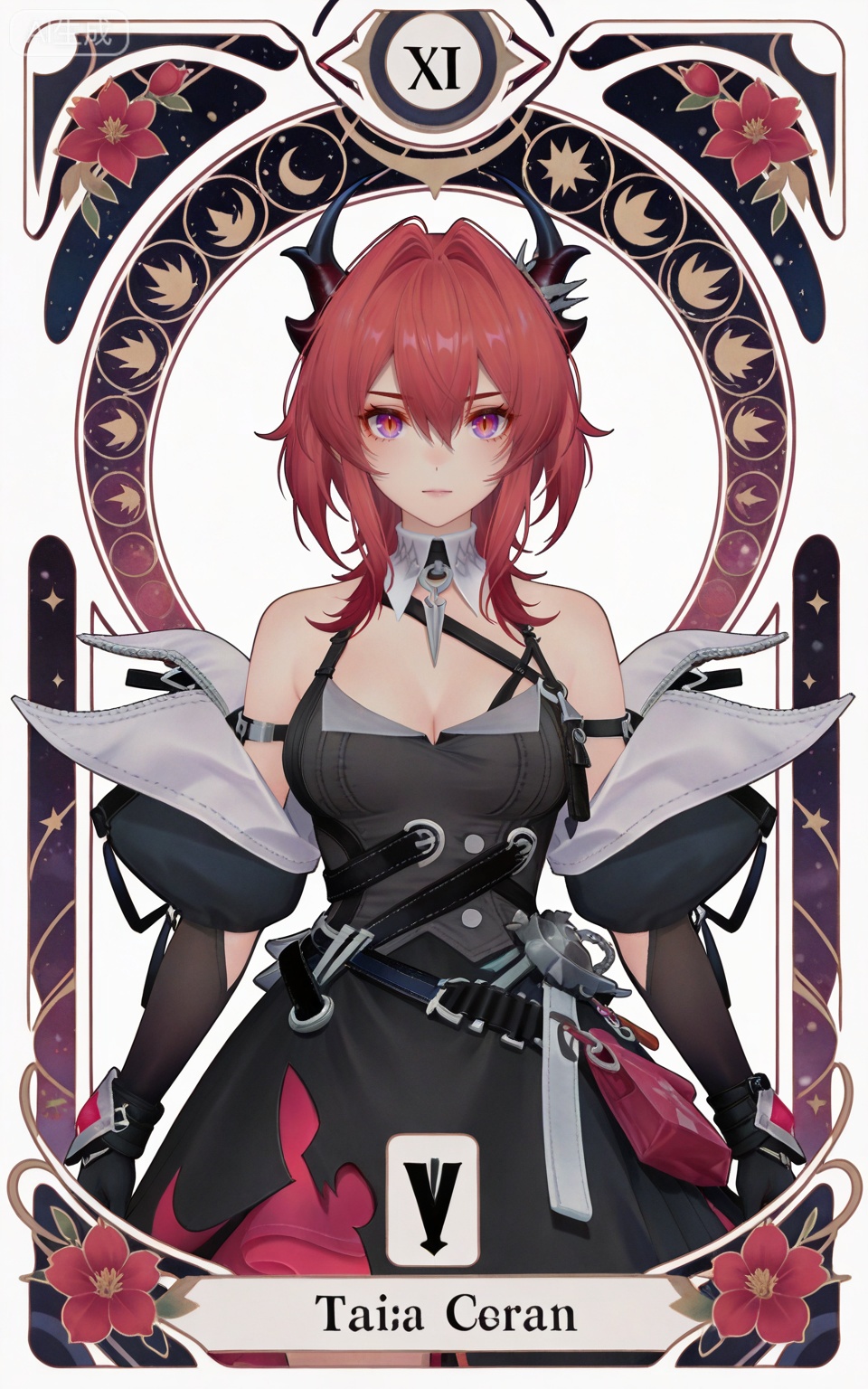 depth of field,masterpiece,best quality,very aesthetic,alternate costume,alternate costume,2024,2023,perfect composition,ultra-detailed,extreme aesthetic,masterpiece,best quality,good quality,newest,year 2024,year 2023,very aesthetic,absurdres,looking_at_viewer,colorful,,red hair,long hair,demon horns,purple eyes,red eyes,slit pupils,hair between eyes,hair intakes,laiwanting chest strap,laiwanting detached collar,laiwanting balck and red dress,laiwanting detached sleeves,laiwanting puffy sleeves,laiwanting off shoulder dress,1girl,solo,looking at viewer,breasts,bare shoulders,white background,simple background,cleavage,medium breasts,open clothes,cowboy_shot,
art nouveau,traditional media,flower,xiamu,(tarot (medium):1.2),day,shadow,