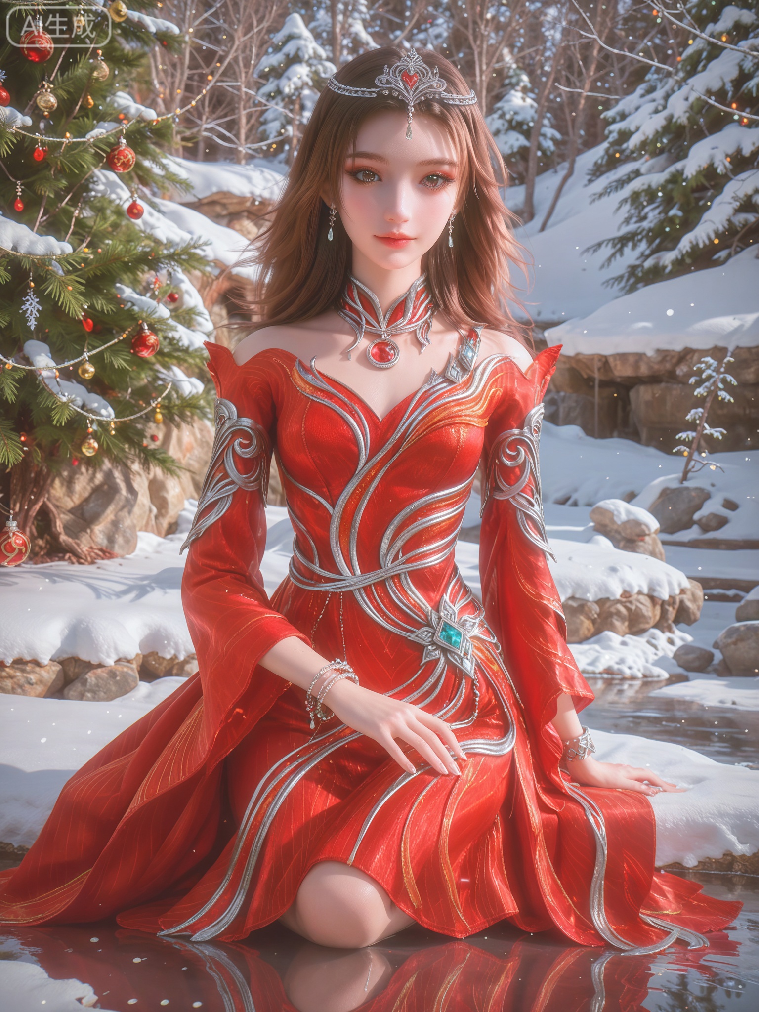 score_9,score_8_up,score_7_up,masterpiece,(best quality),(intricate details:0.9) BREAK (intricate details:0.9),(realistic skin:1.2),masterpiece,best quality,newest,absurdres,hiahres,1girl,jewelry,hair ornament,dress,necklace,lips,eyeshadow,bracelet,tassel,(8k ultra-clear, pony style),photo pose 0.6, micro-expression: soft smile 0.3, half-body + medium shot 0.7,1girl,looking_at_viewer,1boy,hair,realistic,photorealistic,Vivid Colors,bright environment,shiny skin,shiny hairjewelry,detail eyes,Eyes highlights,glowing,sunshine,bright,reflection,bright,sunshine on face,shiny,shinny,petite,thin,leg slimming,lose weight,slim hips,lakeside,delicate water,reflection,(full body:0.5)sitting_down,eyelashes,snow,Winter,Snowy landscape,Snow accumulation,Christmas tree,red dress.brown eyes,