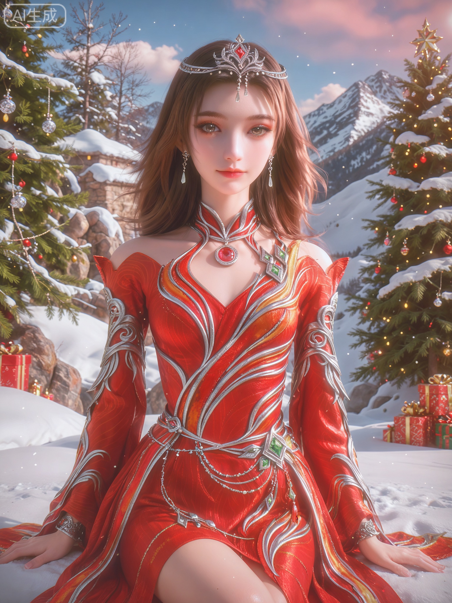 score_9,score_8_up,score_7_up,masterpiece,(best quality),(intricate details:0.9) BREAK (intricate details:0.9),(realistic skin:1.2),masterpiece,best quality,newest,absurdres,hiahres,1girl,jewelry,hair ornament,dress,necklace,lips,eyeshadow,bracelet,tassel,(8k ultra-clear, pony style),photo pose 0.6, micro-expression: soft smile 0.3, half-body + medium shot 0.7,1girl,looking_at_viewer,1boy,hair,realistic,photorealistic,Vivid Colors,bright environment,shiny skin,shiny hairjewelry,detail eyes,Eyes highlights,glowing,sunshine,bright,reflection,bright,sunshine on face,shiny,shinny,petite,thin,leg slimming,lose weight,slim hips,lakeside,delicate water,reflection,(full body:0.5)sitting_down,eyelashes,snow,Winter,Snowy landscape,Snow accumulation,Christmas tree,red dress.brown eyes,