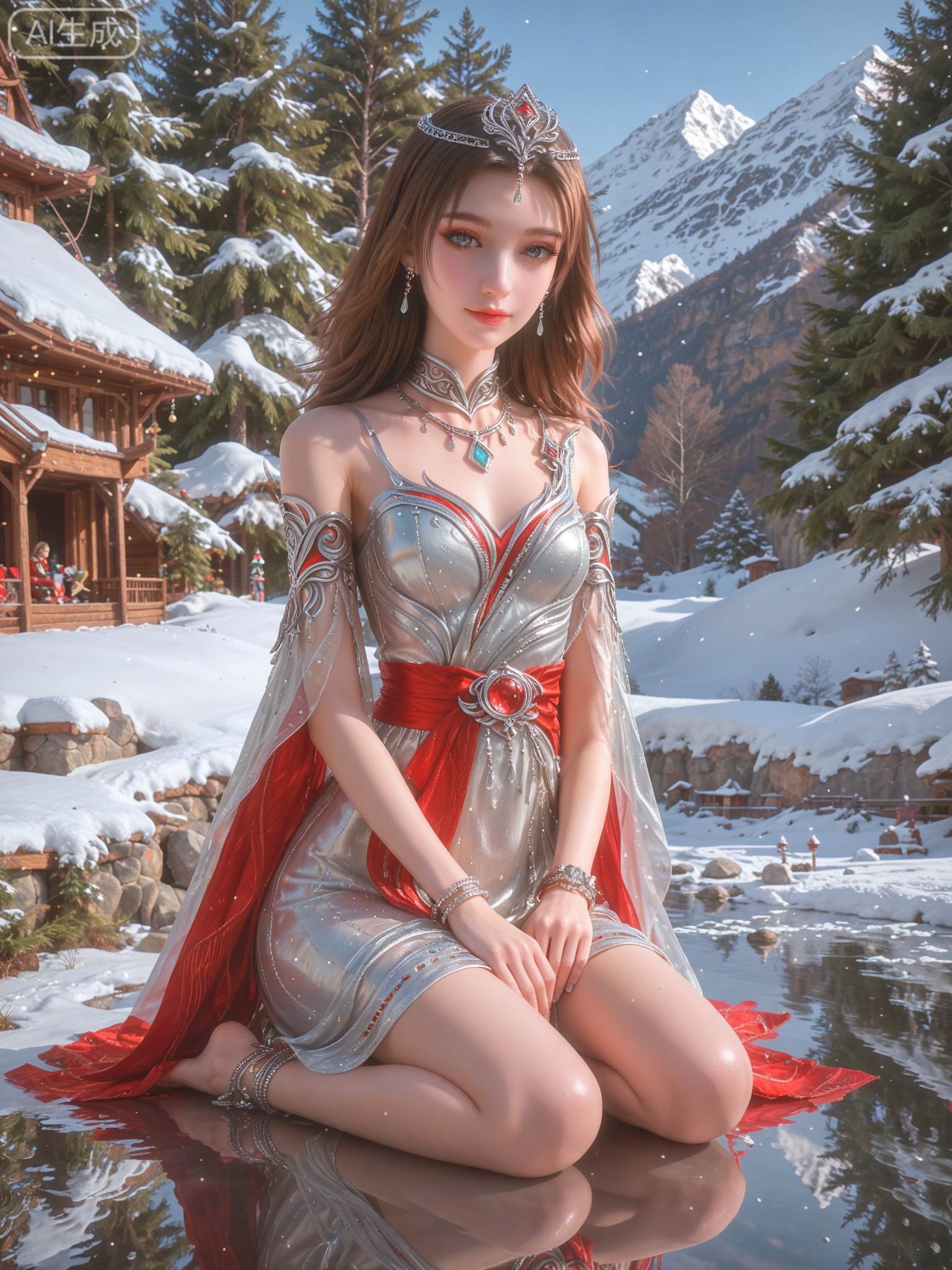 score_9,score_8_up,score_7_up,masterpiece,(best quality),(intricate details:0.9) BREAK (intricate details:0.9),(realistic skin:1.2),masterpiece,best quality,newest,absurdres,hiahres,1girl,jewelry,hair ornament,dress,necklace,lips,eyeshadow,bracelet,tassel,(8k ultra-clear, pony style),photo pose 0.6, micro-expression: soft smile 0.3, half-body + medium shot 0.7,1girl,looking_at_viewer,1boy,hair,realistic,photorealistic,Vivid Colors,bright environment,shiny skin,shiny hairjewelry,detail eyes,Eyes highlights,glowing,sunshine,bright,reflection,bright,sunshine on face,shiny,shinny,petite,thin,leg slimming,lose weight,slim hips,lakeside,delicate water,reflection,(full body:1.3)sitting_down,eyelashes,snow,Winter,Snowy landscape,Snow accumulation,Christmas tree,