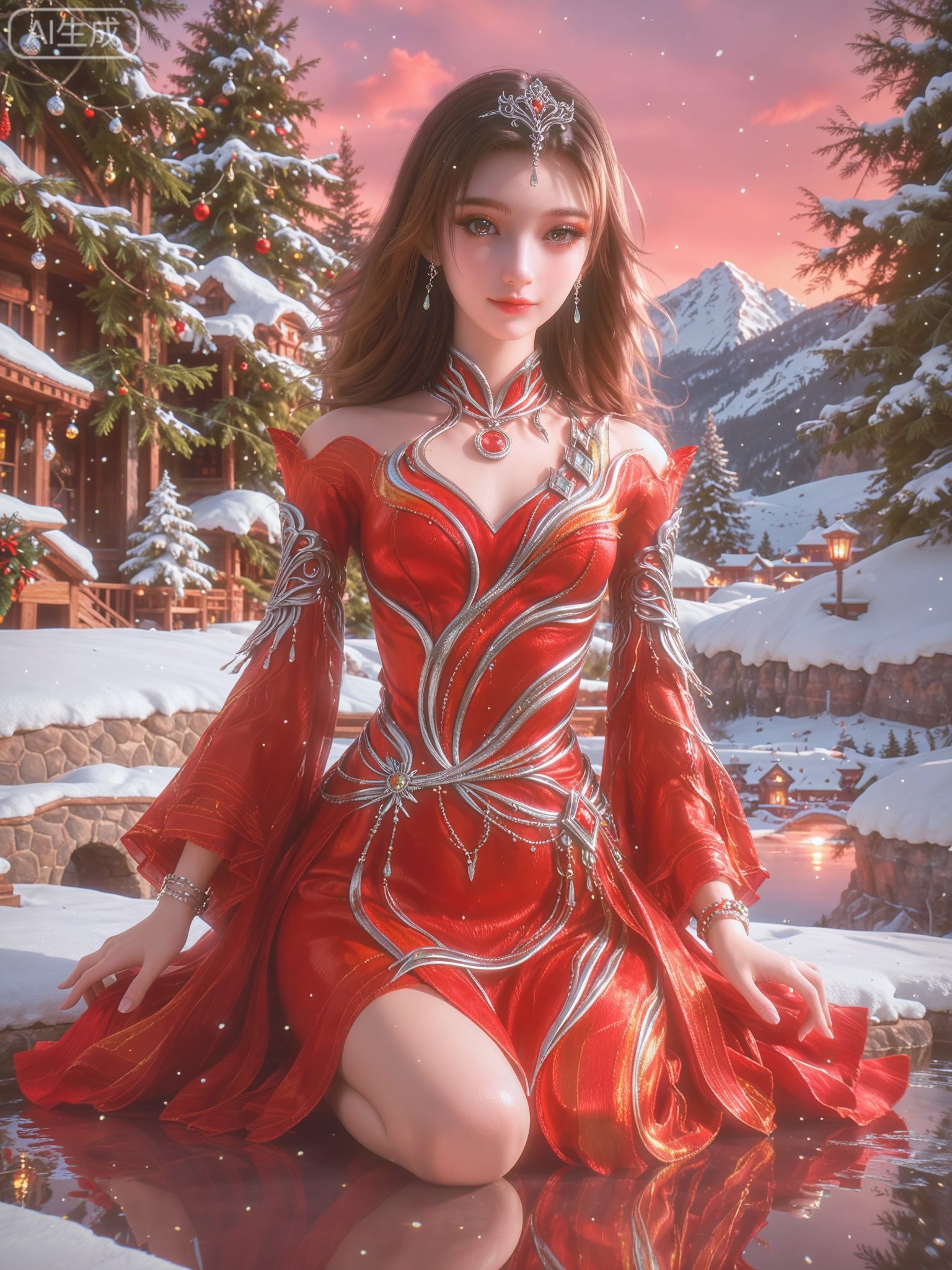 score_9,score_8_up,score_7_up,masterpiece,(best quality),(intricate details:0.9) BREAK (intricate details:0.9),(realistic skin:1.2),masterpiece,best quality,newest,absurdres,hiahres,1girl,jewelry,hair ornament,dress,necklace,lips,eyeshadow,bracelet,tassel,(8k ultra-clear, pony style),photo pose 0.6, micro-expression: soft smile 0.3, half-body + medium shot 0.7,1girl,looking_at_viewer,1boy,hair,realistic,photorealistic,Vivid Colors,bright environment,shiny skin,shiny hairjewelry,detail eyes,Eyes highlights,glowing,sunshine,bright,reflection,bright,sunshine on face,shiny,shinny,petite,thin,leg slimming,lose weight,slim hips,lakeside,delicate water,reflection,(full body:0.5)sitting_down,eyelashes,snow,Winter,Snowy landscape,Snow accumulation,Christmas tree,red dress.brown eyes,