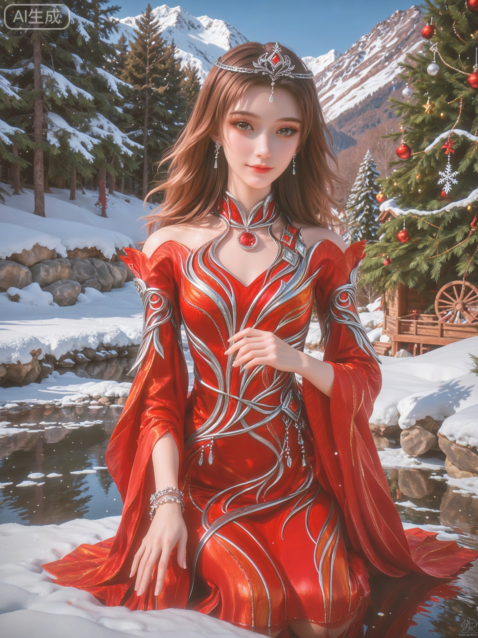 score_9,score_8_up,score_7_up,masterpiece,(best quality),(intricate details:0.9) BREAK (intricate details:0.9),(realistic skin:1.2),masterpiece,best quality,newest,absurdres,hiahres,1girl,jewelry,hair ornament,dress,necklace,lips,eyeshadow,bracelet,tassel,(8k ultra-clear, pony style),photo pose 0.6, micro-expression: soft smile 0.3, half-body + medium shot 0.7,1girl,looking_at_viewer,1boy,hair,realistic,photorealistic,Vivid Colors,bright environment,shiny skin,shiny hairjewelry,detail eyes,Eyes highlights,glowing,sunshine,bright,reflection,bright,sunshine on face,shiny,shinny,petite,thin,leg slimming,lose weight,slim hips,lakeside,delicate water,reflection,(full body:0.5)sitting_down,eyelashes,snow,Winter,Snowy landscape,Snow accumulation,Christmas tree,red dress.brown eyes,