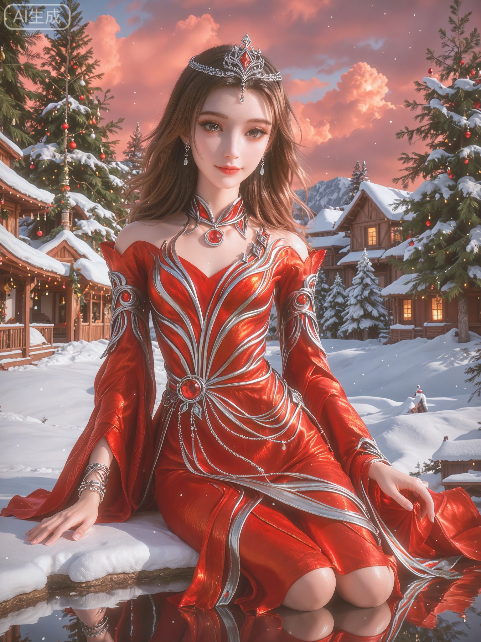 score_9,score_8_up,score_7_up,masterpiece,(best quality),(intricate details:0.9) BREAK (intricate details:0.9),(realistic skin:1.2),masterpiece,best quality,newest,absurdres,hiahres,1girl,jewelry,hair ornament,dress,necklace,lips,eyeshadow,bracelet,tassel,(8k ultra-clear, pony style),photo pose 0.6, micro-expression: soft smile 0.3, half-body + medium shot 0.7,1girl,looking_at_viewer,1boy,hair,realistic,photorealistic,Vivid Colors,bright environment,shiny skin,shiny hairjewelry,detail eyes,Eyes highlights,glowing,sunshine,bright,reflection,bright,sunshine on face,shiny,shinny,petite,thin,leg slimming,lose weight,slim hips,lakeside,delicate water,reflection,(full body:0.5)sitting_down,eyelashes,snow,Winter,Snowy landscape,Snow accumulation,Christmas tree,red dress.brown eyes,