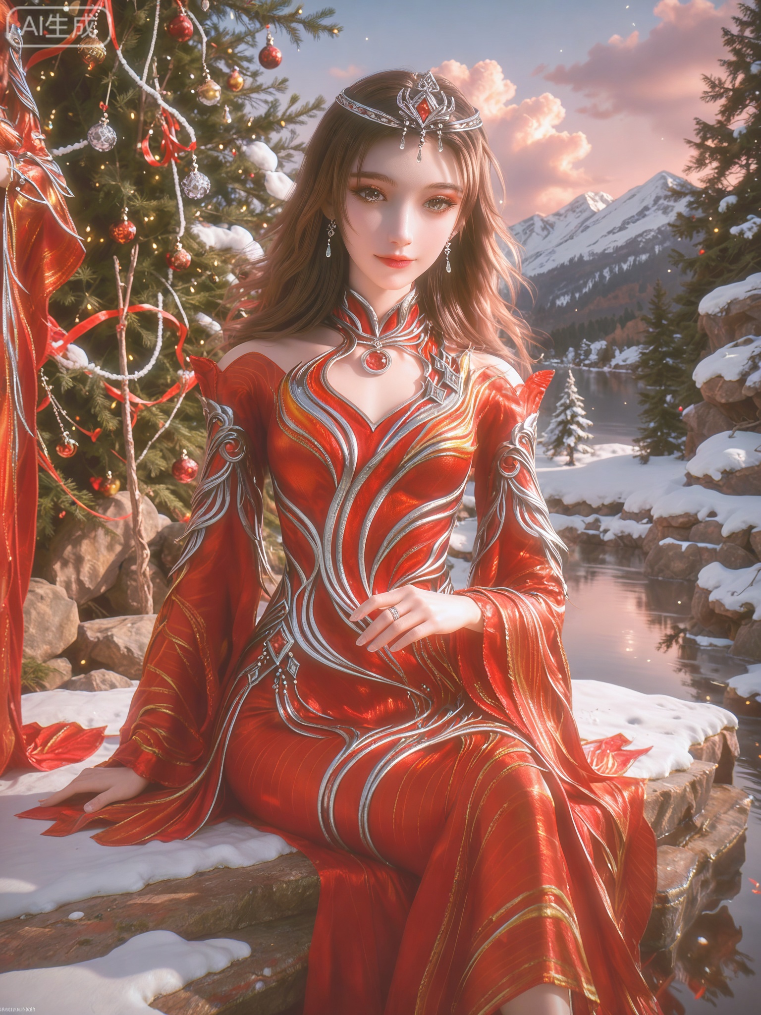 score_9,score_8_up,score_7_up,masterpiece,(best quality),(intricate details:0.9) BREAK (intricate details:0.9),(realistic skin:1.2),masterpiece,best quality,newest,absurdres,hiahres,1girl,jewelry,hair ornament,dress,necklace,lips,eyeshadow,bracelet,tassel,(8k ultra-clear, pony style),photo pose 0.6, micro-expression: soft smile 0.3, half-body + medium shot 0.7,1girl,looking_at_viewer,1boy,hair,realistic,photorealistic,Vivid Colors,bright environment,shiny skin,shiny hairjewelry,detail eyes,Eyes highlights,glowing,sunshine,bright,reflection,bright,sunshine on face,shiny,shinny,petite,thin,leg slimming,lose weight,slim hips,lakeside,delicate water,reflection,(full body:0.5)sitting_down,eyelashes,snow,Winter,Snowy landscape,Snow accumulation,Christmas tree,red dress.brown eyes,