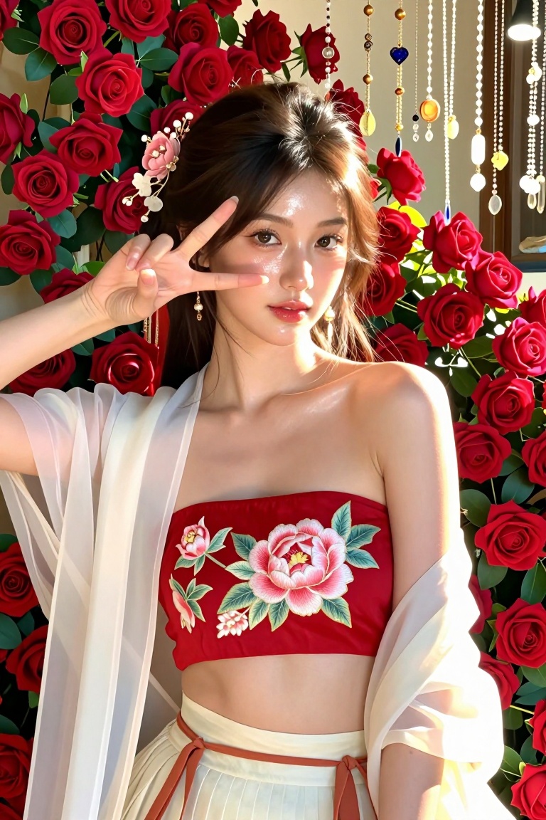 A young woman with dark hair styled half-up,  adorned with a floral hairpin,  stands in front of a vibrant rose-covered wa...