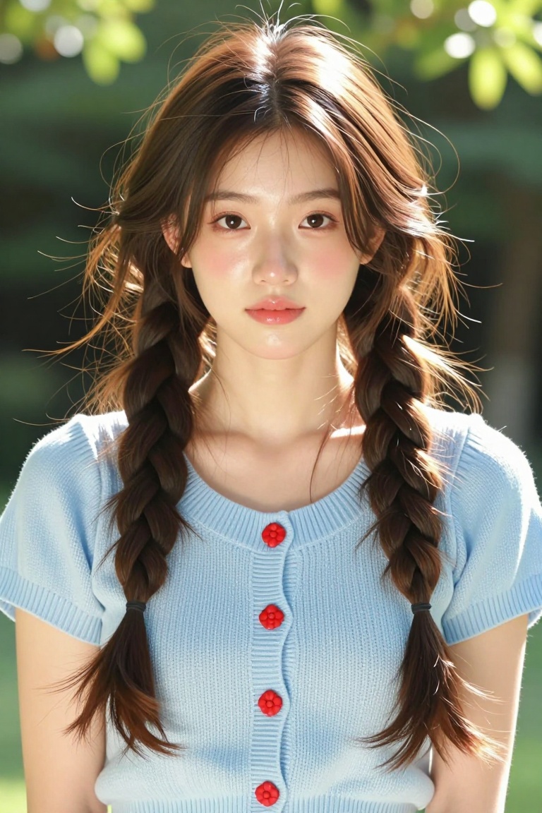 A young woman with long dark brown hair styled in loose twin braids,  strands softly framing her face. She wears a light b...