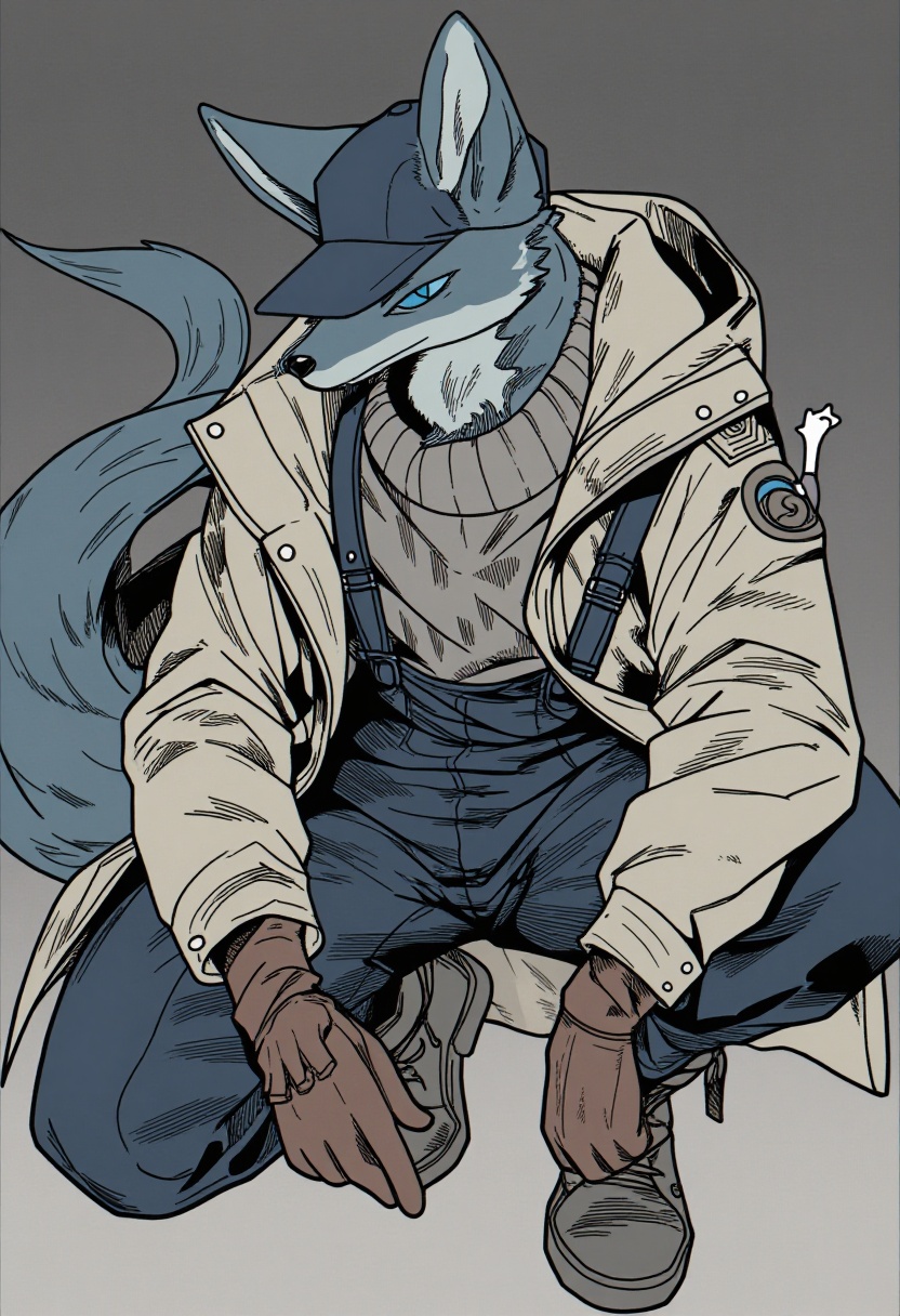 An anthro-style illustration depicts a poised,  fox-like character with sleek blue-gray fur and striking blue eyes,  crouc...