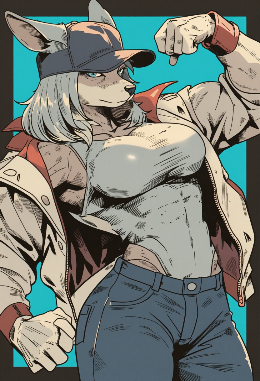 beautiful woman,  An anthro-style illustration depicts a confident,  muscular canine character with sleek white fur and st...
