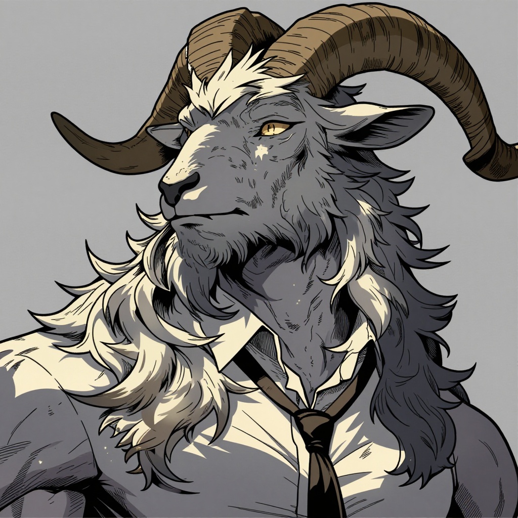 This anthro-style illustration features a majestic,  humanoid goat character with prominent curved horns and a thick,  tex...