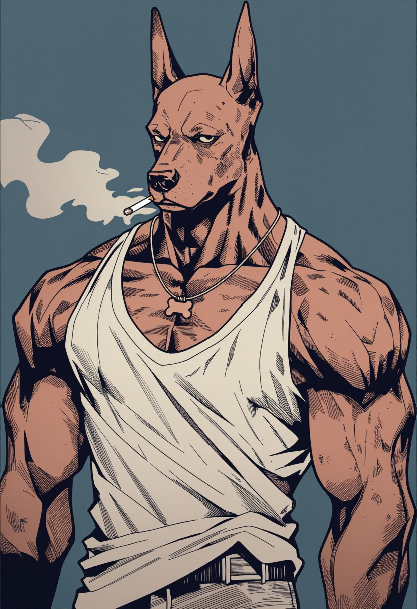 This anthro-style illustration depicts a powerfully built,  muscular Doberman with a stoic and slightly menacing expressio...