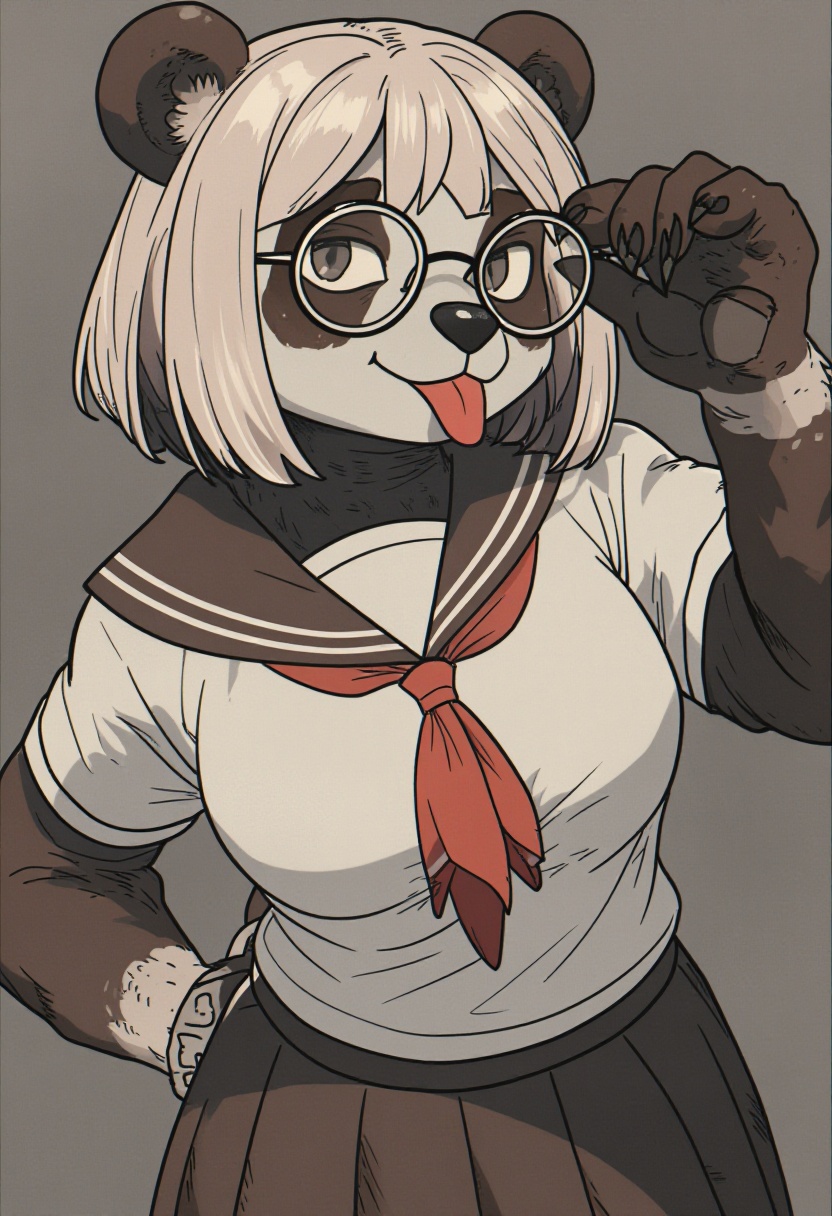 This image features an anthro-style character with the distinct markings and ears of a panda,  rendered in a soft,  expres...
