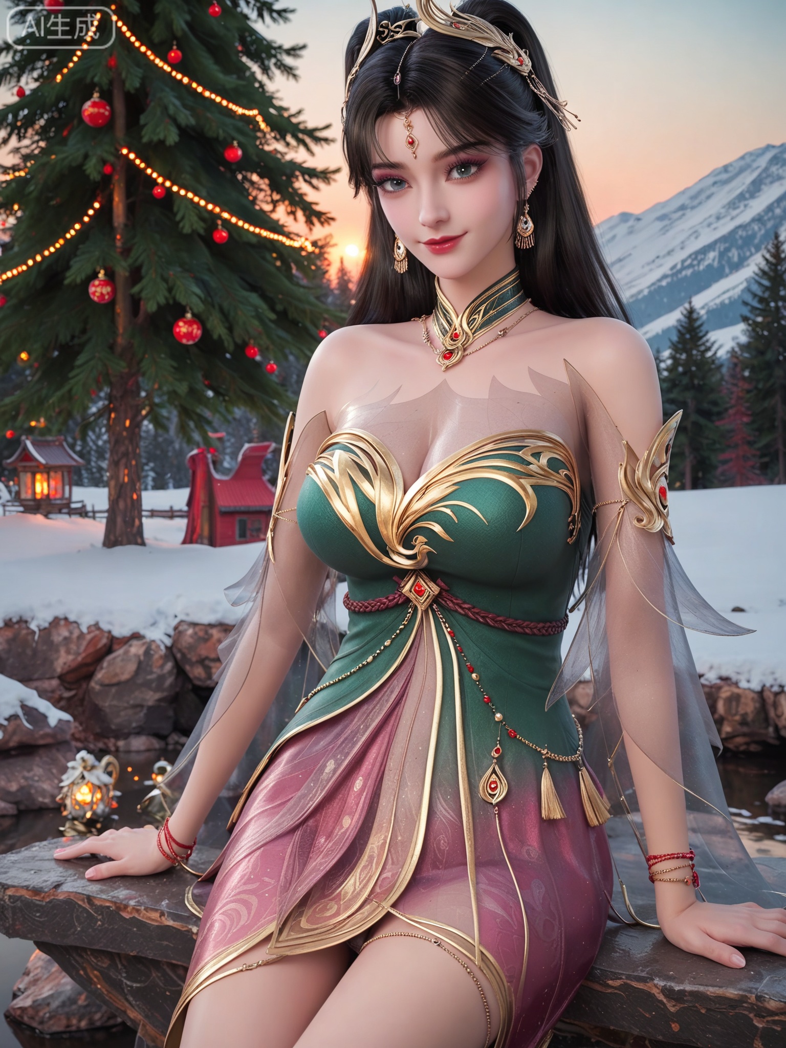 score_9,score_8_up,score_7_up,masterpiece,(best quality),(intricate details:0.9) BREAK (intricate details:0.9),(realistic skin:1.2),masterpiece,best quality,newest,absurdres,hiahres,1girl,jewelry,hair ornament,dress,necklace,lips,eyeshadow,bracelet,tassel,(8k ultra-clear, pony style),photo pose 0.6, micro-expression: soft smile 0.3, half-body + medium shot 0.7,1girl,looking_at_viewer,1boy,hair,realistic,photorealistic,Vivid Colors,bright environment,shiny skin,shiny hairjewelry,detail eyes,Eyes highlights,glowing,sunshine,bright,reflection,bright,sunshine on face,shiny,shinny,petite,thin,leg slimming,lose weight,slim hips,lakeside,delicate water,reflection,(full body:0.5)sitting_down,eyelashes,snow,Winter,Snowy landscape,Snow accumulation,Christmas tree,(huge breasts:1),