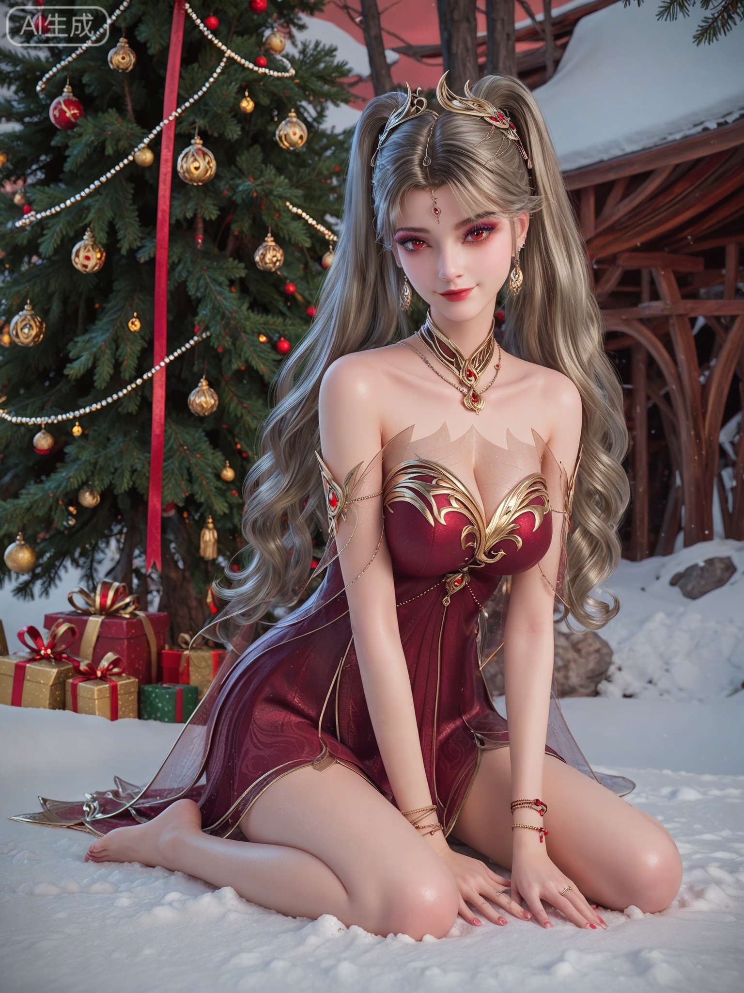 score_9,score_8_up,score_7_up,masterpiece,(best quality),(intricate details:0.9) BREAK (intricate details:0.9),(realistic skin:1.2),masterpiece,best quality,newest,absurdres,hiahres,1girl,jewelry,hair ornament,dress,necklace,lips,eyeshadow,bracelet,tassel,(8k ultra-clear, pony style),photo pose 0.6, micro-expression: soft smile 0.3, half-body + medium shot 0.7,1girl,looking_at_viewer,1boy,hair,realistic,photorealistic,Vivid Colors,bright environment,shiny skin,shiny hairjewelry,detail eyes,Eyes highlights,glowing,sunshine,bright,reflection,bright,sunshine on face,shiny,shinny,petite,thin,leg slimming,lose weight,slim hips,lakeside,delicate water,reflection,(full body:1.3)sitting_down,eyelashes,snow,Winter,Snowy landscape,Snow accumulation,Christmas tree,(huge breasts:1),red eyes,