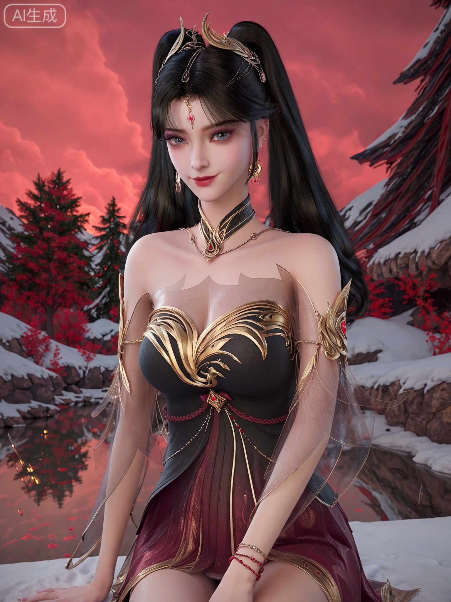 score_9,score_8_up,score_7_up,masterpiece,(best quality),(intricate details:0.9) BREAK (intricate details:0.9),(realistic skin:1.2),masterpiece,best quality,newest,absurdres,hiahres,1girl,jewelry,hair ornament,dress,necklace,lips,eyeshadow,bracelet,tassel,(8k ultra-clear, pony style),photo pose 0.6, micro-expression: soft smile 0.3, half-body + medium shot 0.7,1girl,looking_at_viewer,1boy,hair,realistic,photorealistic,Vivid Colors,bright environment,shiny skin,shiny hairjewelry,detail eyes,Eyes highlights,glowing,sunshine,bright,reflection,bright,sunshine on face,shiny,shinny,petite,thin,leg slimming,lose weight,slim hips,lakeside,delicate water,reflection,(full body:0.5)sitting_down,eyelashes,snow,Winter,Snowy landscape,Snow accumulation,Christmas tree,(huge breasts:1),