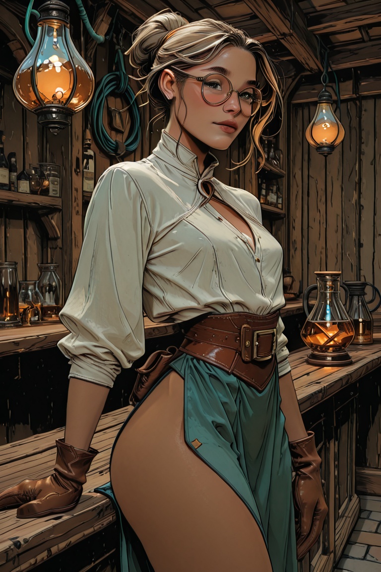 A friendly female tavern keeper stands against a wooden counter inside a cozy medieval inn. She is attractive but approach...