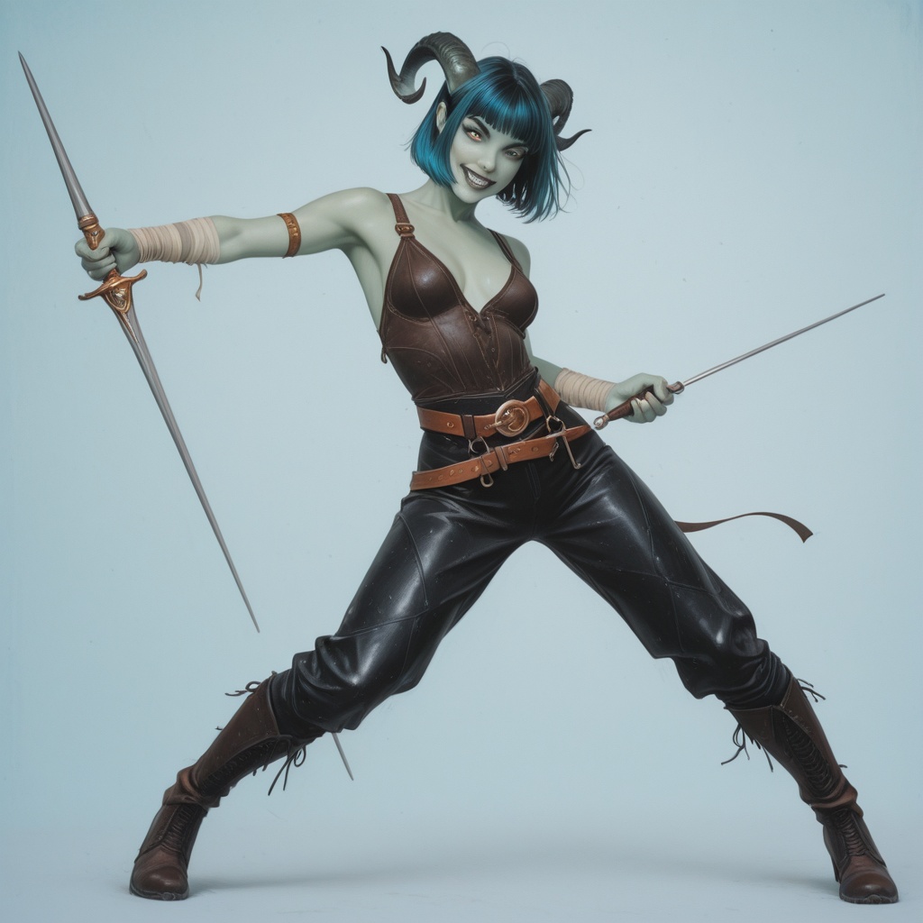 In a semi-realistic style reminiscent of a high-quality cartoon,  we see a captivating tiefling woman with a shy demeanor,...