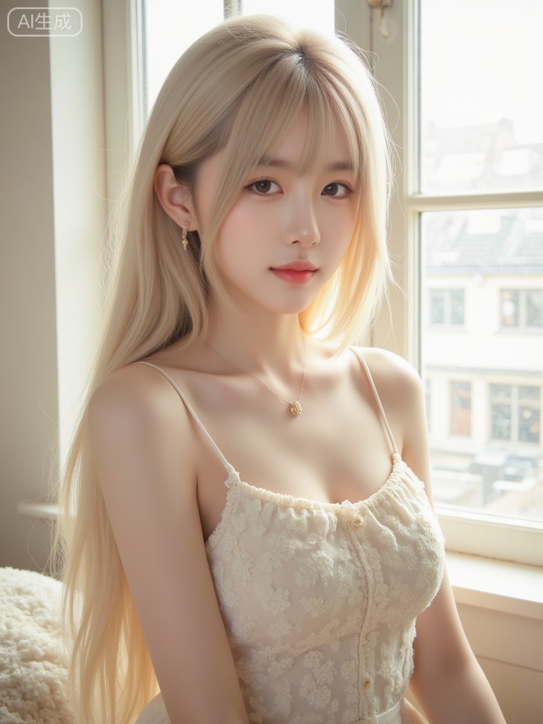 WJ_xiaxia, 1girl, solo, realistic, jewelry, long hair, necklace, blonde hair, brown eyes, looking at viewer, upper body, window, dress, lips, sleeveless