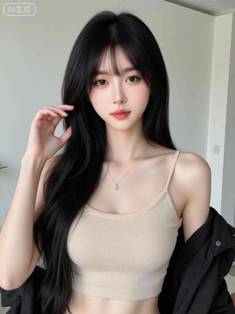 WJ_xiaxia,A beautiful young Asian woman with long, straight black hair and soft bangs, wearing a beige ribbed spaghetti strap crop top, delicate silver necklace with a small pendant, standing indoors with minimalist background featuring white walls and a black jacket draped over her shoulders, natural soft lighting highlighting smooth skin and subtle makeup with rosy cheeks and glossy red lips, one hand gently touching her hair, confident yet relaxed expression, clean and modern aesthetic, high-resolution, photorealistic, fashion portrait, studio-style lighting, elegant simplicity — ar 3:4 --v 6 --style raw
