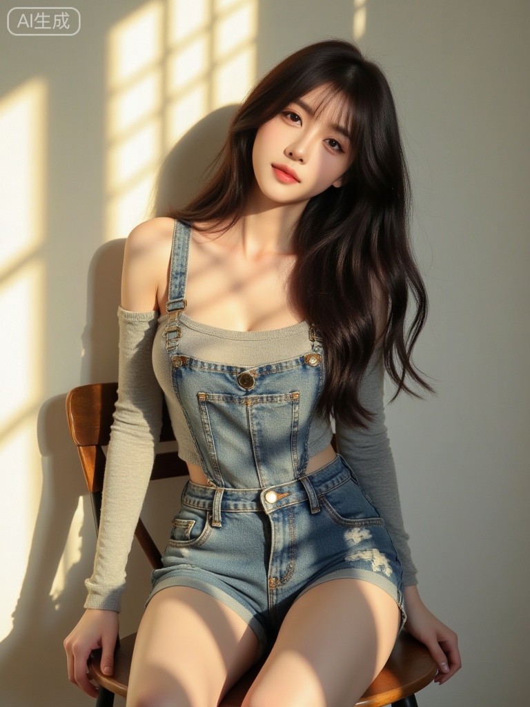 WJ_xiaxia, Pure desire style portrait photography, medium shot sitting composition, a gentle and sweet young East Asian woman; with fluffy dark brown long curly hair, wearing a gray off-shoulder long-sleeved cropped top, paired with vintage denim hot pants, and a metal-buttoned denim suspender over the top; she sits lightly on the edge of a wooden chair, with a relaxed and stretched posture; the background is a pure light white wall, with warm golden window pane-shaped light and shadow projected on the left side, and soft backlight outlines the hair and body lines; the overall color palette is dominated by gray, denim blue, and warm gold, creating a gentle and lazy atmosphere with a sense of home relaxation.