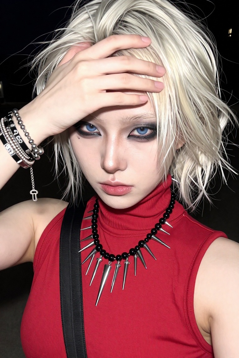 close-up portrait of an edgy Asian woman with a messy platinum blonde bob haircut. She has an intense gaze with piercing l...