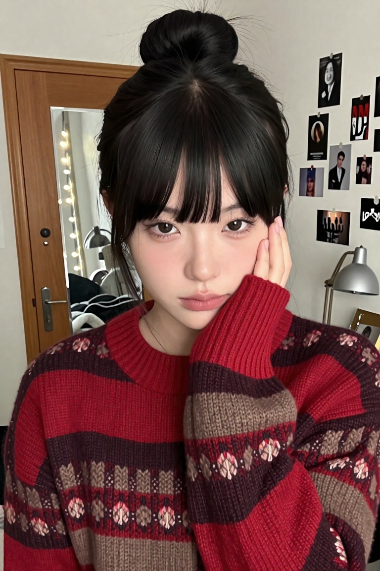 this image features a person with dark,  straight hair styled in a high bun with bangs framing the face,  they are wearing...