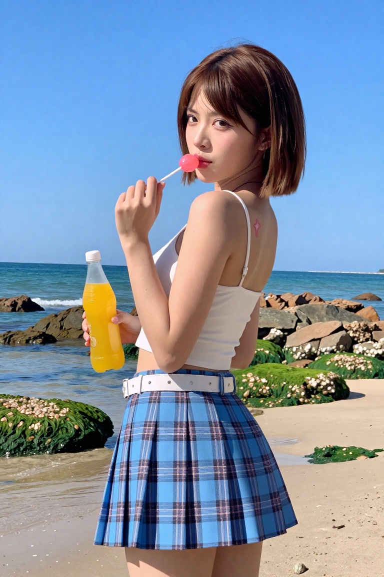medium shot of a cute young Asian woman standing on a sunny beach with a clear blue sky. She has a short,  windswept brown...