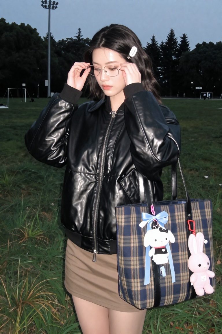A medium shot of a stylish Asian woman standing in a grassy park area at dusk. She is wearing an oversized black leather b...
