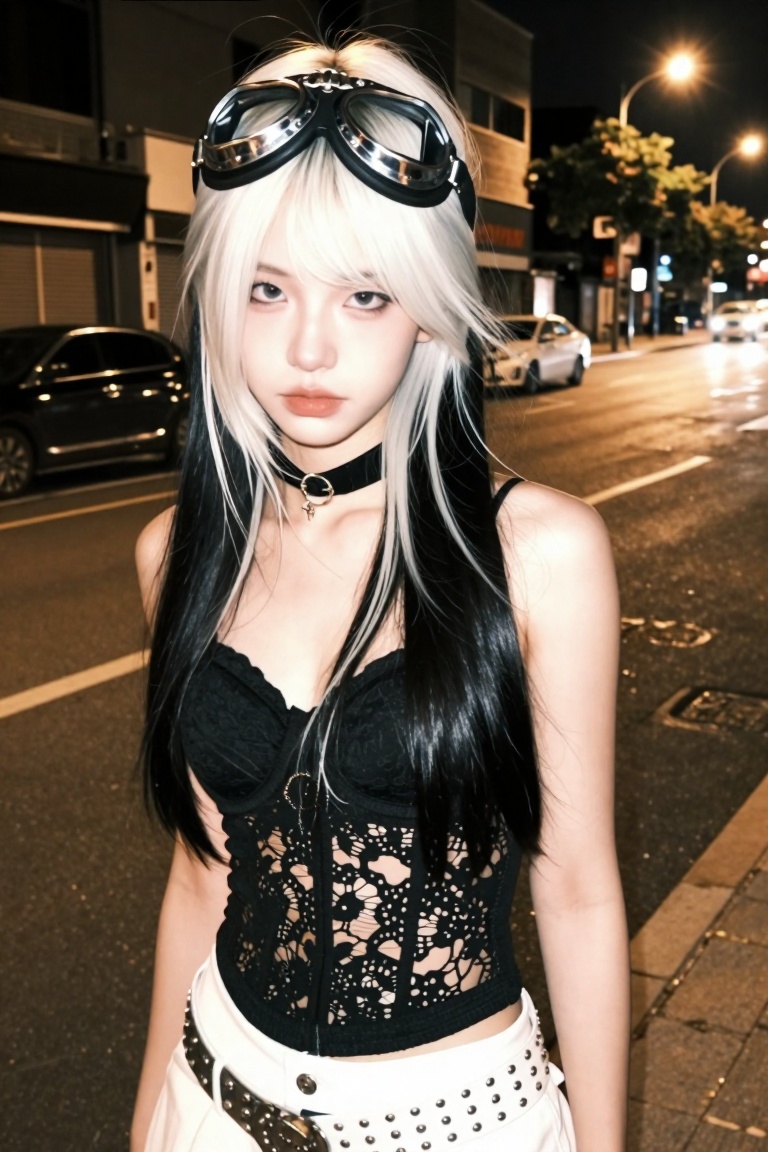 dynamic night selfie of a cool Asian young woman on a city street. She has distinctive two-tone hair: long black layers wi...