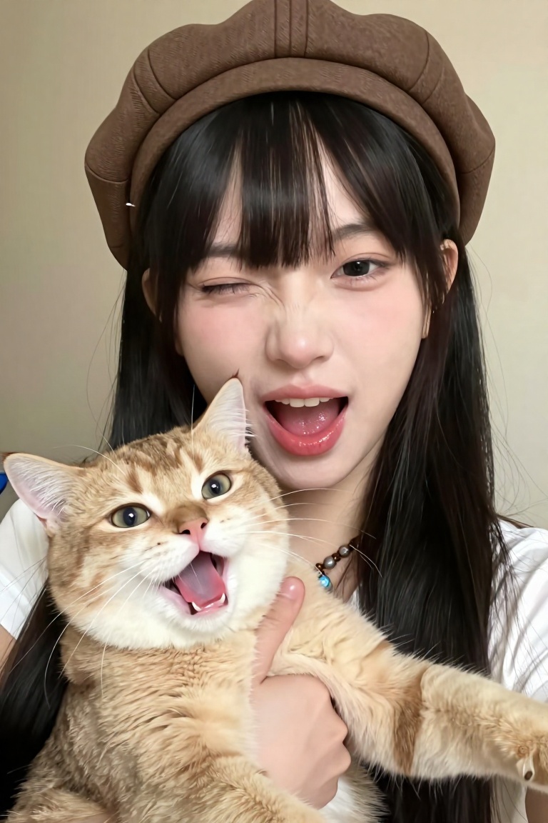 close-up selfie of a playful Asian young woman holding a chubby orange tabby cat. She wears a brown baker boy hat over her...
