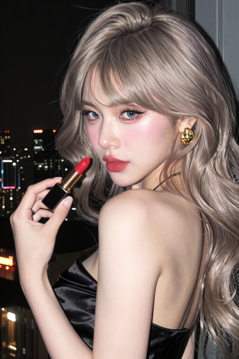 A glamorous close-up of a beautiful Asian woman with voluminous,  fluffy,  ash-blonde layered hair and wispy bangs. She is...