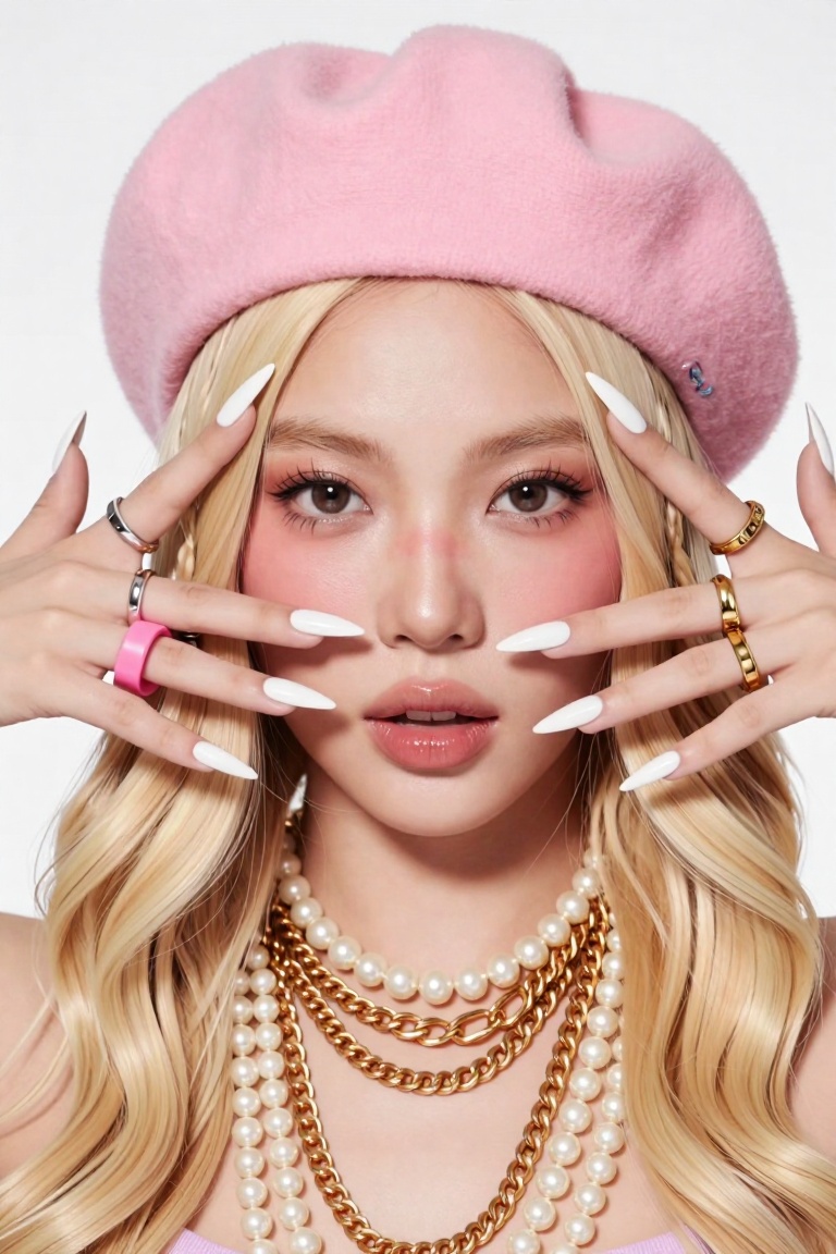 close-up high-fashion studio portrait of a stylish Asian woman with blonde wavy hair featuring small braids and silver hai...