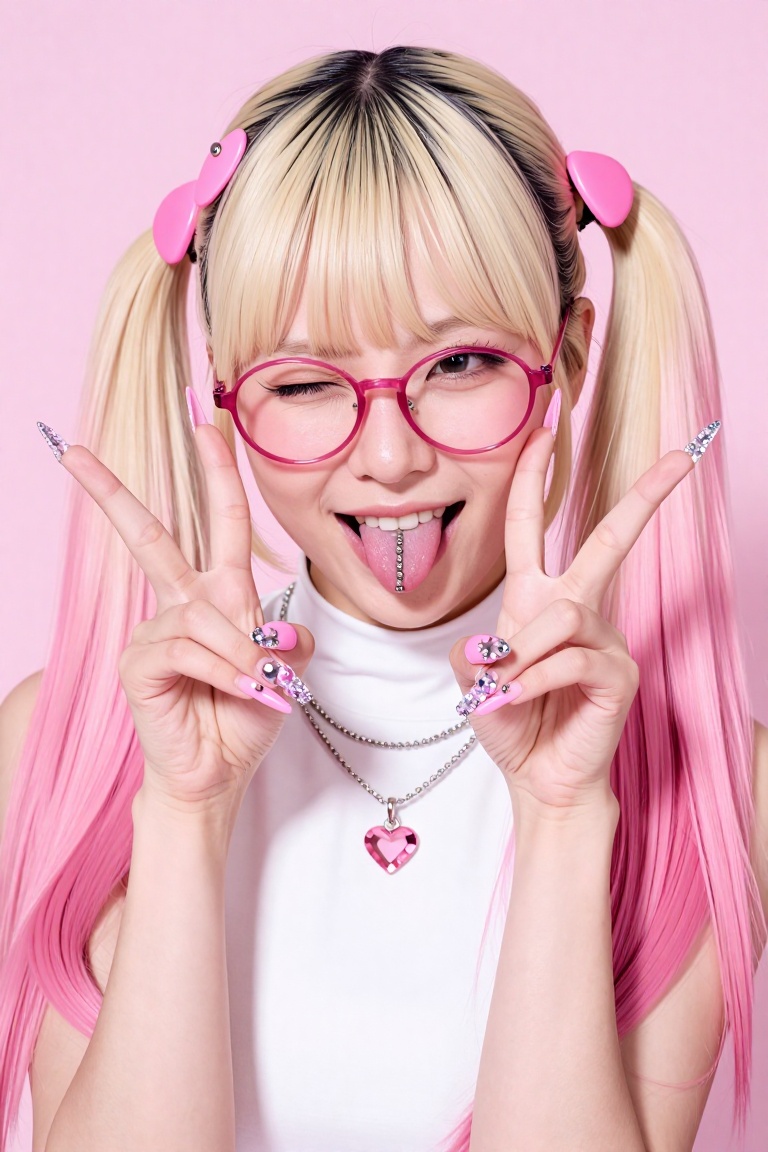 close-up studio portrait of a cute Asian girl with a 'pastel gyaru' aesthetic. She poses with a double peace sign gesture,...