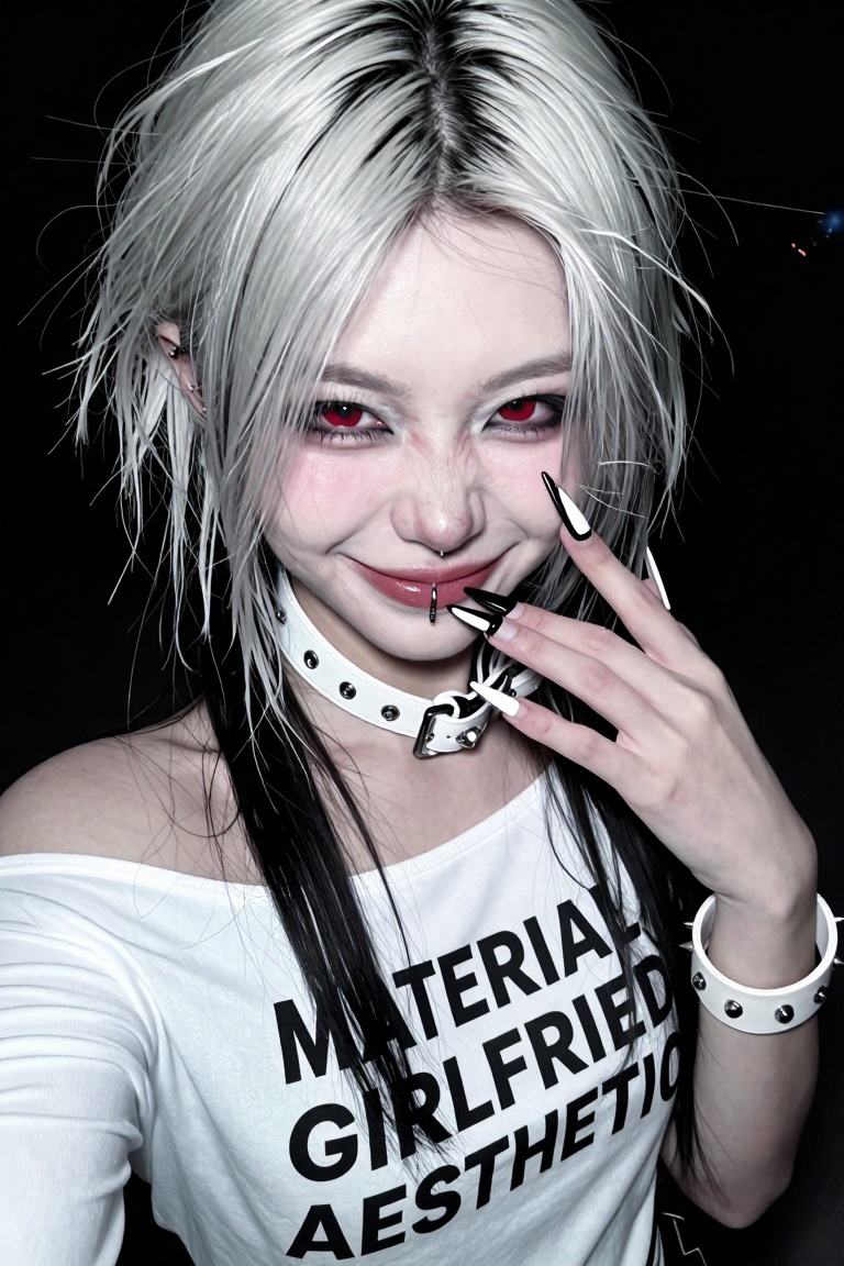 high-angle selfie shot of an edgy Asian girl with a gothic vampire aesthetic. She has messy platinum blonde hair with dist...