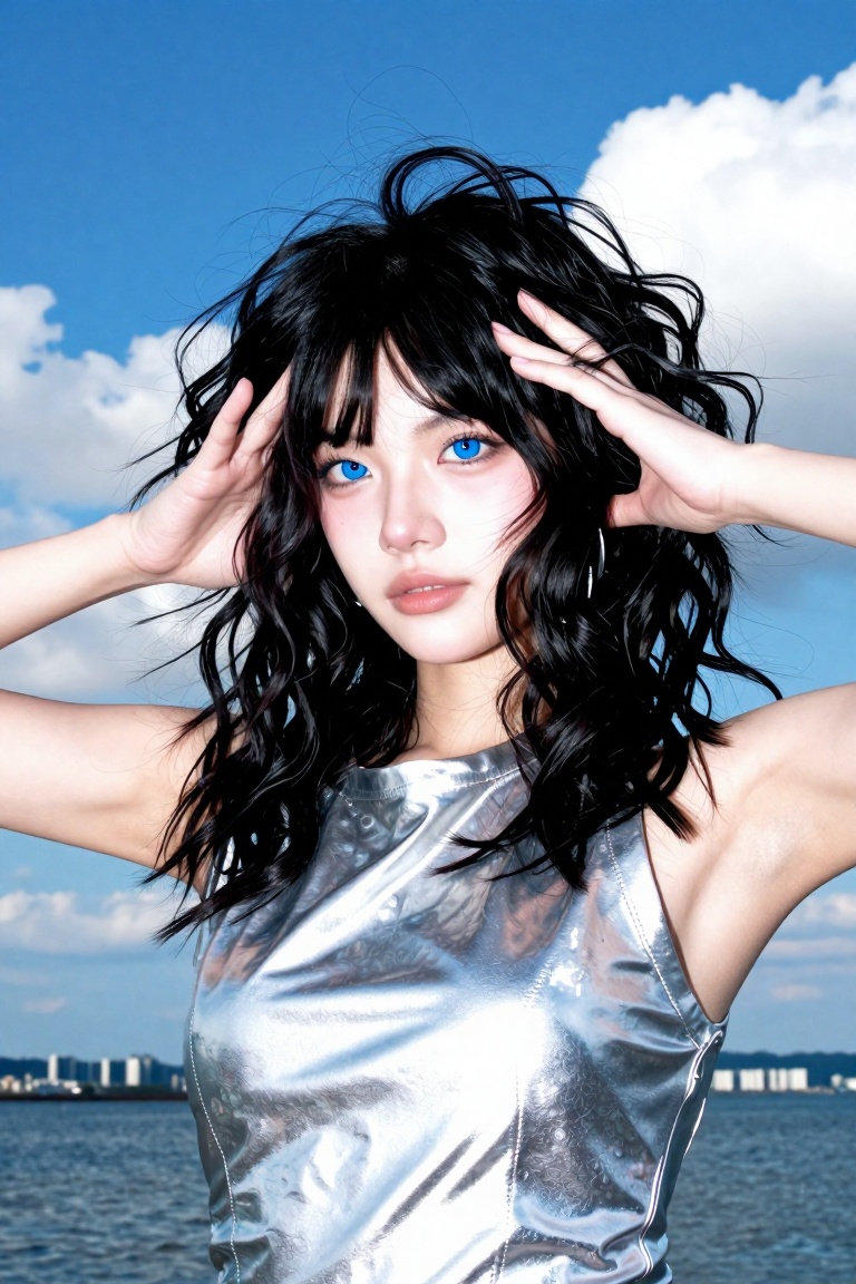 medium shot of a young Asian woman with an ethereal,  futuristic Y2K look. She has messy,  wavy black hair with wispy bang...