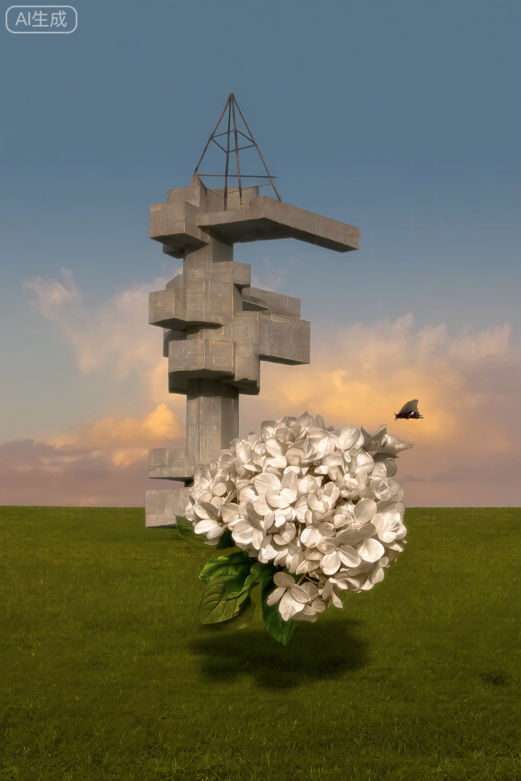 生成一副超现实的摄影图片,一座风格前卫的混凝土雕像,由多层退台构成,顶端的三角形支架顶部,钢筋呈放射状排列,此雕像矗立在一朵盛开的白色绣球花旁,巨大的绣球花高度到达雕像中间。一望无际的草地。蓝灰色的天空中飘着金色与橙色的火烧云。黑色的蝴蝶偏偏飞舞。傍晚的金色阳光洒在每一样东西上,柔和的光晕。低对比度,柔和的色调,突出绣球花的层次感和花瓣的质感。诗意、神秘的氛围。高清8k,丰富细节