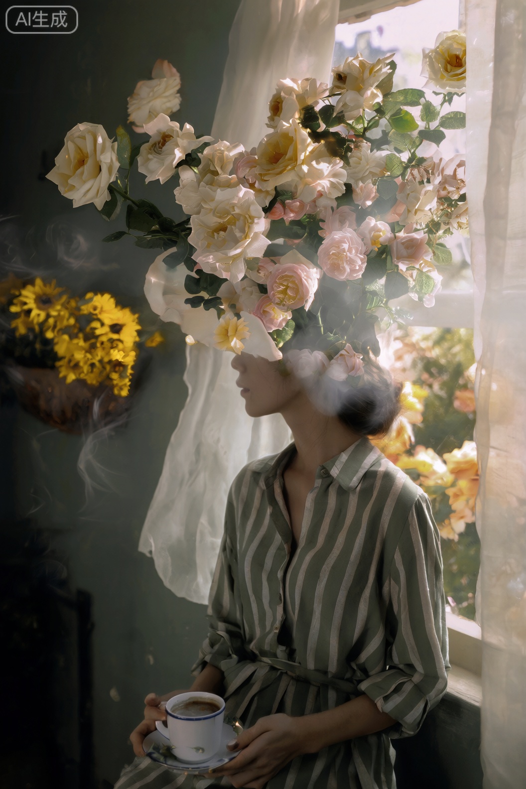 生成一副超现实的摄影图片,一个身着绿条纹衬衫的女子坐在窗前,手持一杯咖啡,女子的头部被盛开的玫瑰花丛和叶子替代,花丛中黄玫瑰和粉玫瑰。烟雾环绕着女子。窗外的一片花园,金色的阳光洒在盛开的花朵上。轻柔的、半透明的白色纱帘随风飘起。墙上挂着花篮,花篮中开着黄色的向日葵。中景拍摄,色调柔和,明亮的室外和昏暗的室内形成对比,表现宁静、治愈又略带神秘的氛围。高清8k,丰富细节