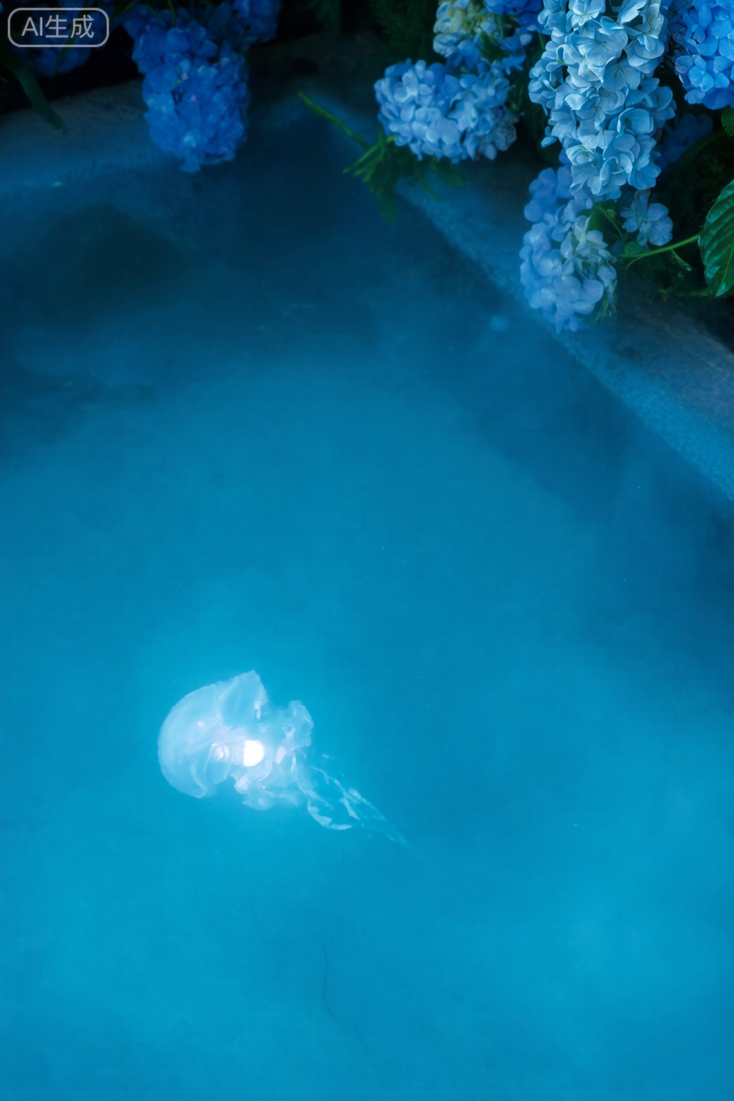 生成一副具有摄影风格的图片：在一个混凝土水池中,有一只发光的水母漂浮其中。水池上方漂浮着轻盈的云雾,池边开放着蓝色和白色的绣球花,表现花瓣清晰的层次感。画面呈现出空灵、寂静的氛围,中景,采用俯视拍摄的角度,低对比度,柔和的光线,清晰的细节。整体色调淡雅,营造出一种超现实的美感。