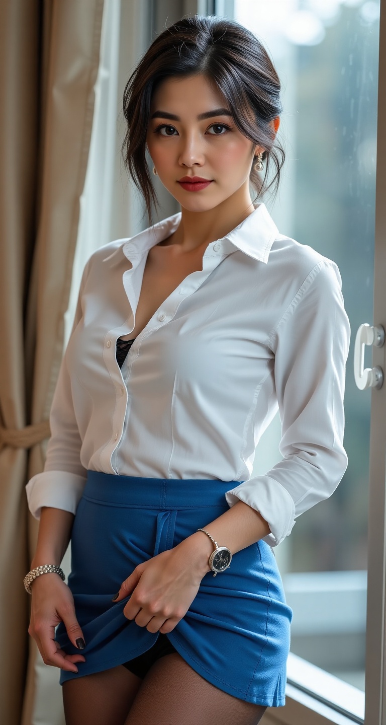 1 mature woman solo breasts looking at the viewer short hair blue miniskirt black pantyhose black panties thighband pantyh...