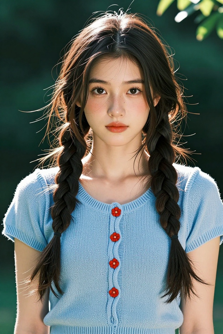 A young woman with long dark brown hair styled in loose twin braids,  strands softly framing her face. She wears a light b...