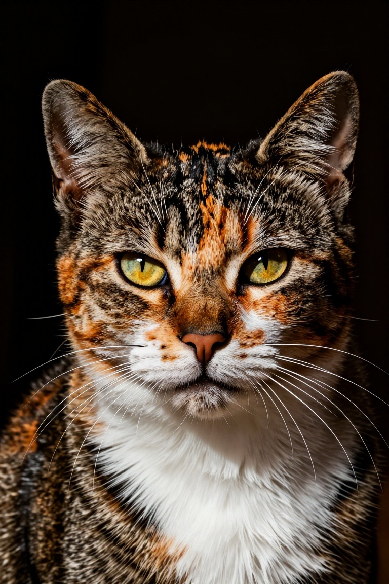 A detailed close-up portrait of a calico cat. The cat's fur is a combination of black,  orange,  and white on Tensor.Art