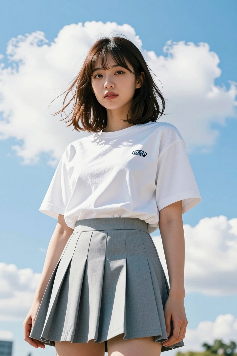 A young East Asian woman with shoulder-length brown hair and bangs,  standing outdoors under a bright blue sky with fluffy...