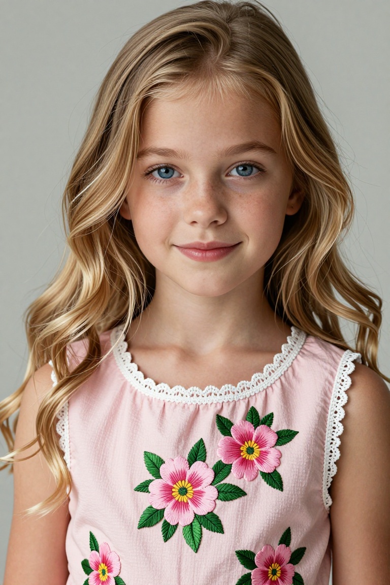 A close-up portrait of a young girl with long,  wavy blonde hair. She is wearing a light pink sleeveless dress with a whit...