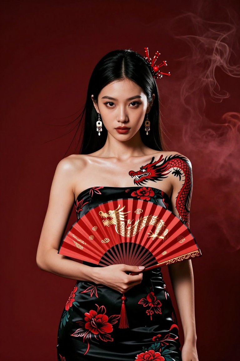 A young East Asian woman stands centered against a deep crimson smoke-filled backdrop. She wears a black strapless gown wi...