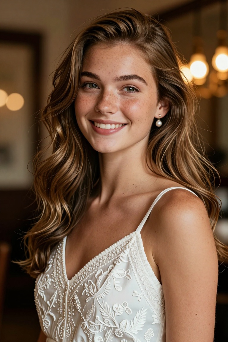 a young woman with long,  wavy,  light brown hair. She is wearing a sleeveless on Tensor.Art