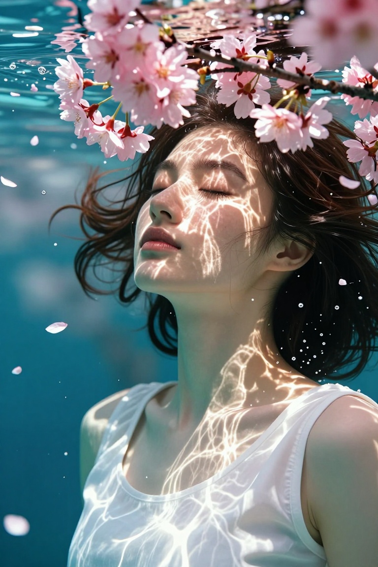 A young woman floats underwater,  eyes closed,  face serene. Her head is crowned with fresh pink cherry blossoms on Tensor...